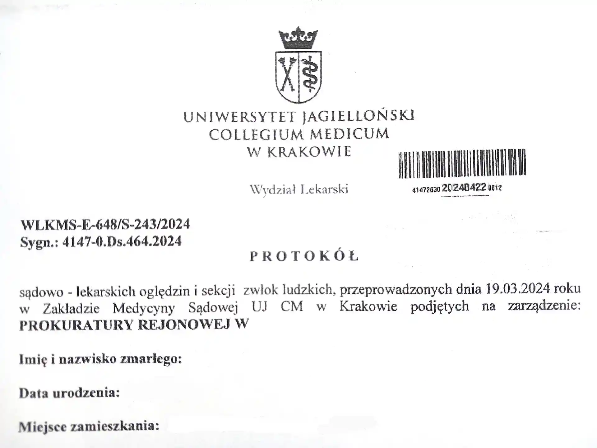 Opinia sekcyjna – dokument z sekcji zwłok